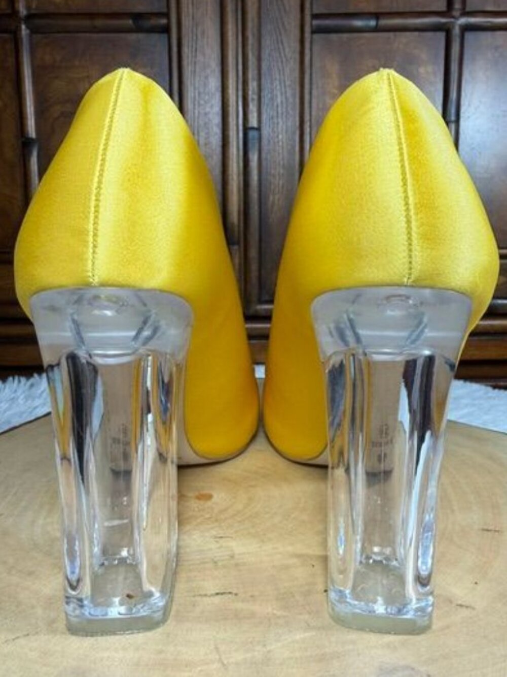 BIGTREE Yellow Satin Clear Lucite Block Heel Pointed Toe Pump - Picture 8 of 11